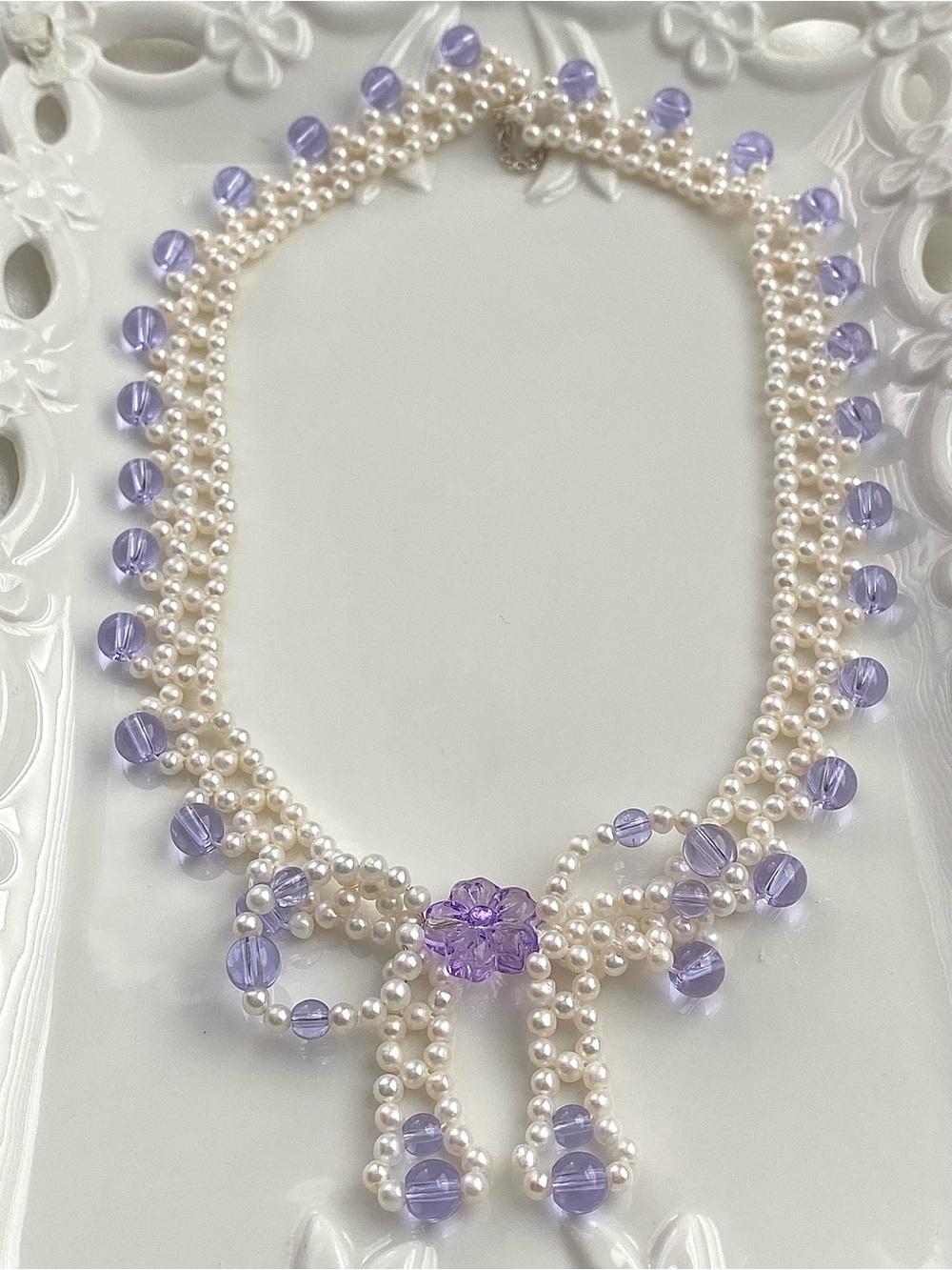 GP88-Handmade Braided High Quality Round Baby Pearl And Amethyst Bow Necklace
